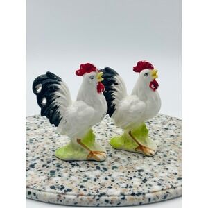 Japan Vintage Ceramic Rooster Figurine Pair White Black Red Farmhouse Decor